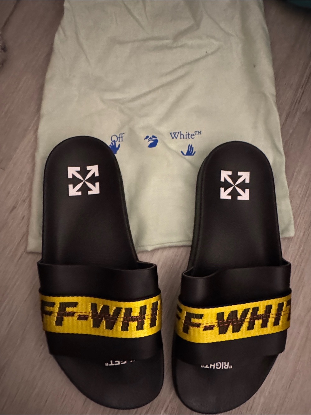 Off-White Black Slides with Yellow Branded Strap